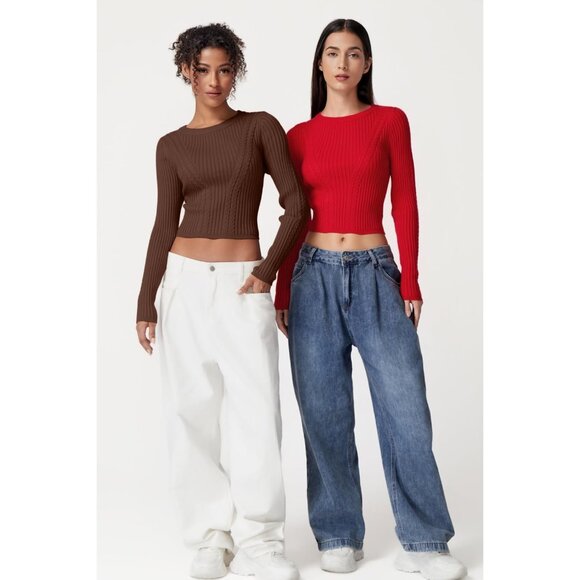 Womens Cable Knit Crewneck Sweater Slim Fit Crop Long Sleeve Pullover - Picture 6 of 6